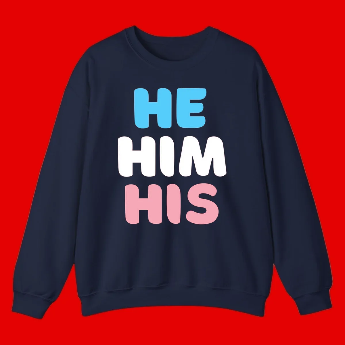 Stacked typography design with HE in cyan, HIM in white, and HIS in pink displaying he/him/his pronouns