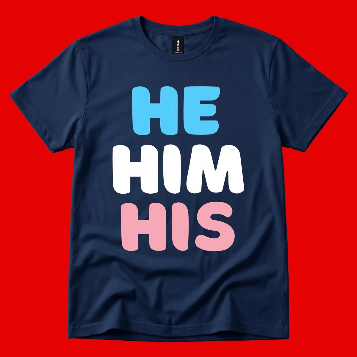 Stacked typography design with HE in cyan, HIM in white, and HIS in pink displaying he/him/his pronouns