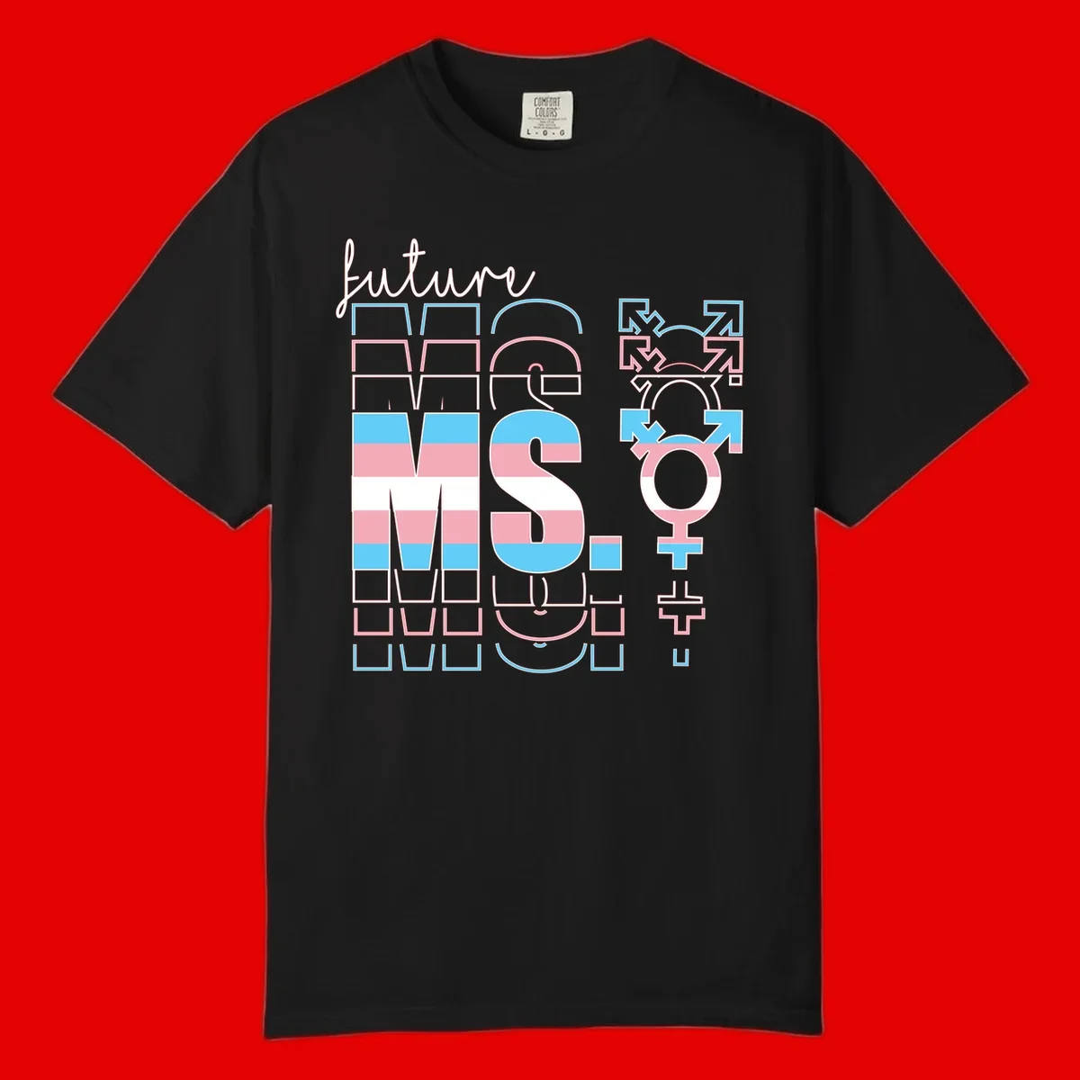 Future self gender identity pride design featuring male, female, non-binary, transgender, and intersex symbols with blue, pink, and white striped elements