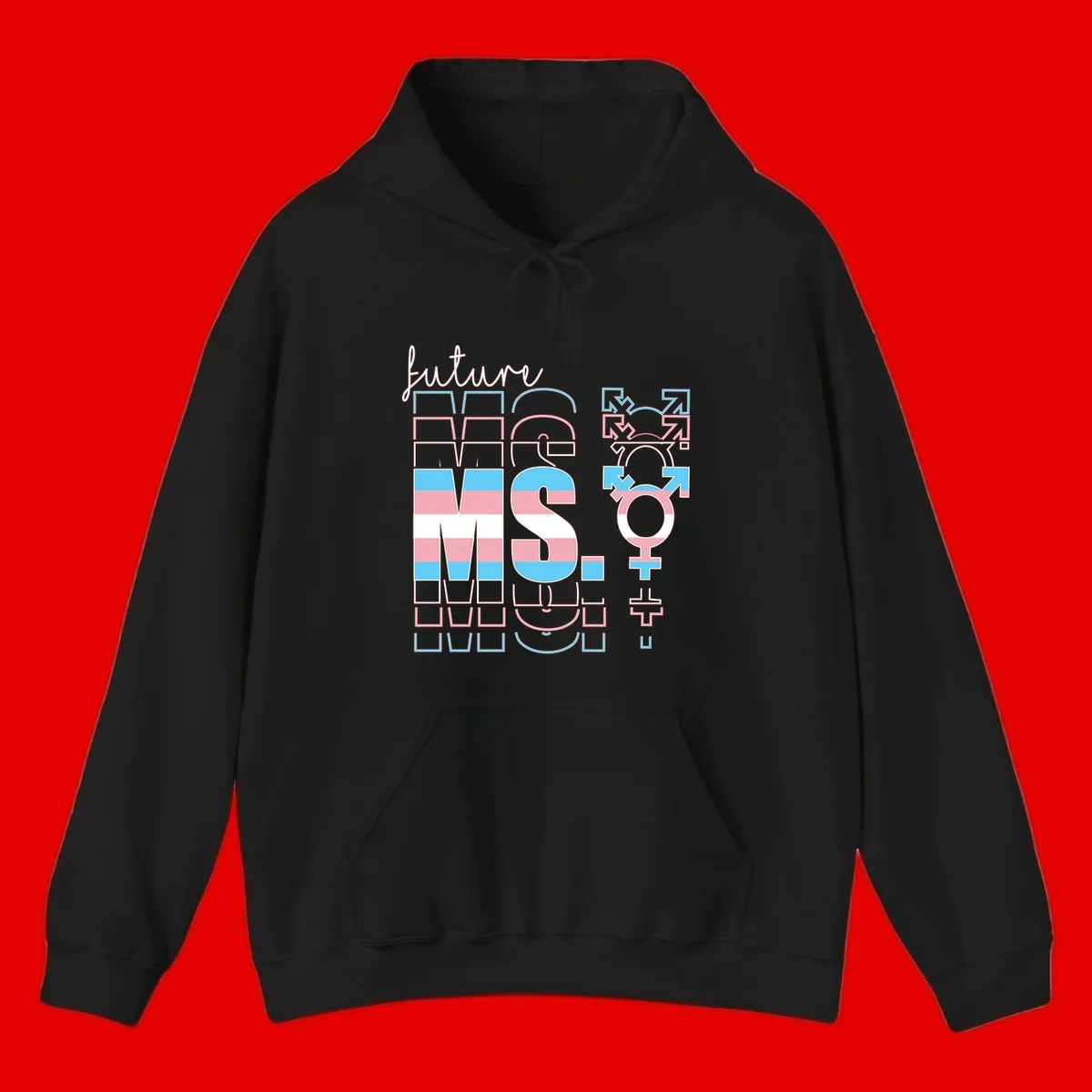 Future self gender identity pride design featuring male, female, non-binary, transgender, and intersex symbols with blue, pink, and white striped elements