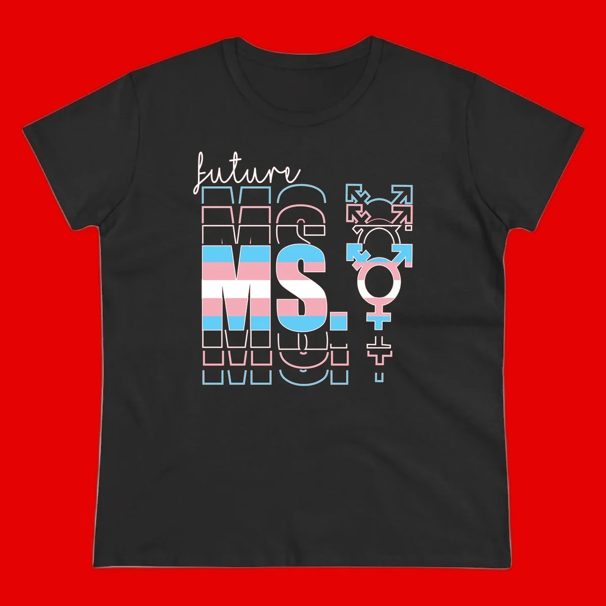 Future self gender identity pride design featuring male, female, non-binary, transgender, and intersex symbols with blue, pink, and white striped elements