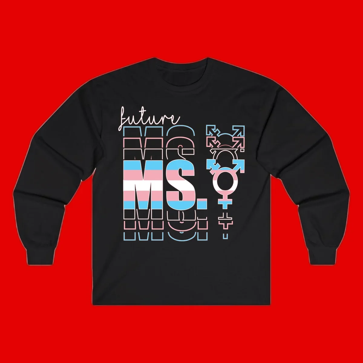 Future self gender identity pride design featuring male, female, non-binary, transgender, and intersex symbols with blue, pink, and white striped elements