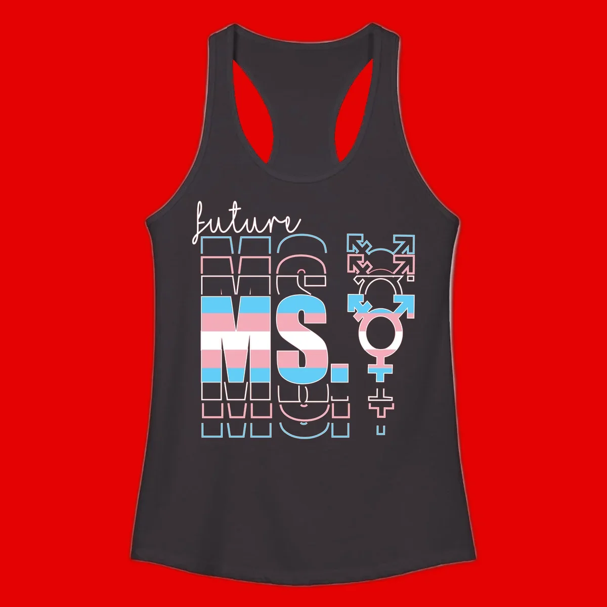 Future self gender identity pride design featuring male, female, non-binary, transgender, and intersex symbols with blue, pink, and white striped elements
