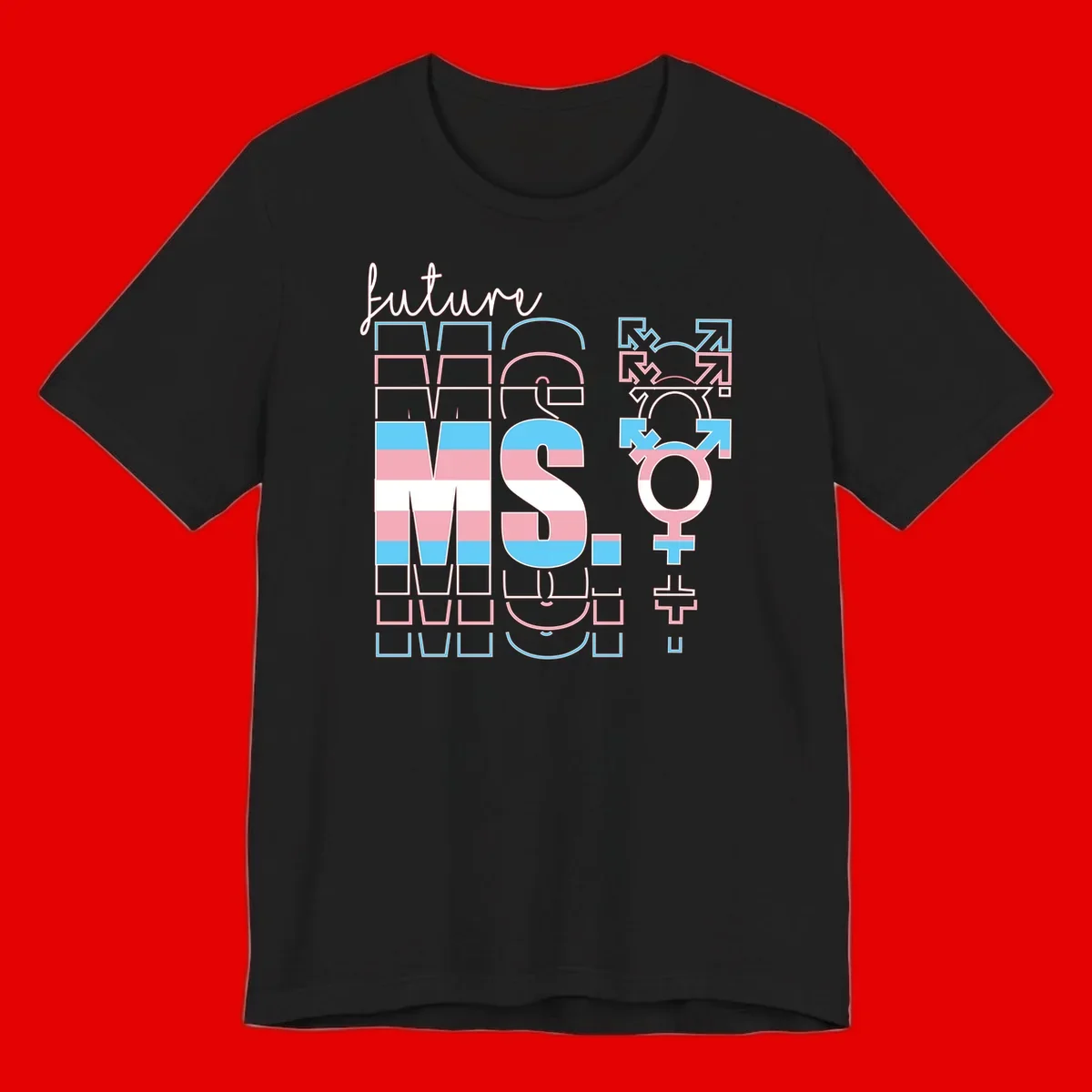 Future self gender identity pride design featuring male, female, non-binary, transgender, and intersex symbols with blue, pink, and white striped elements