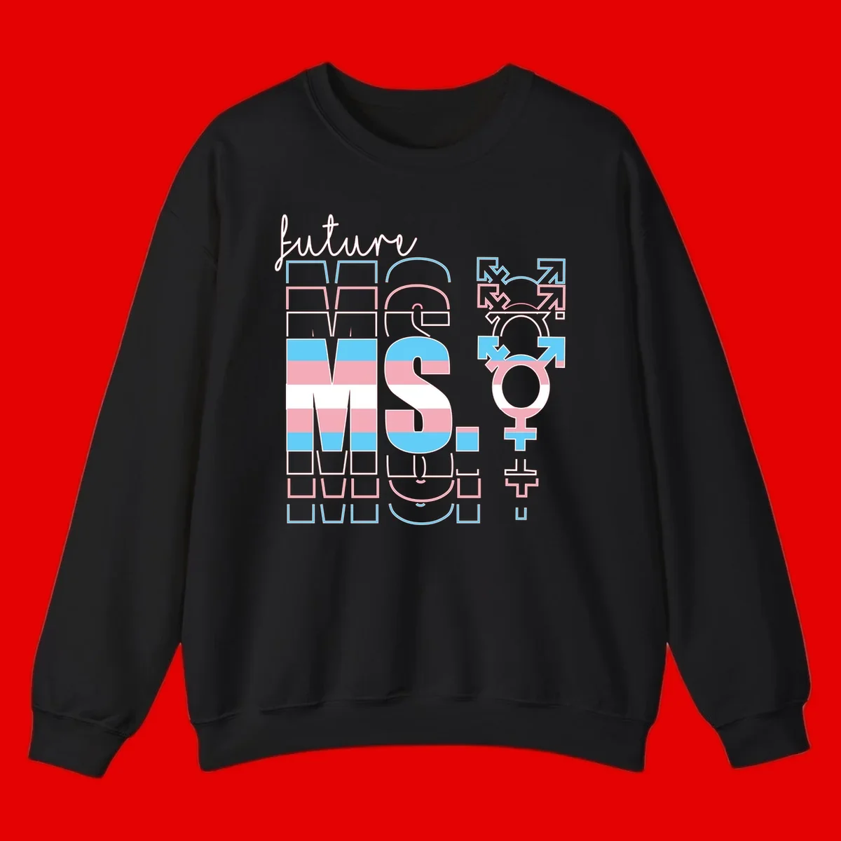 Future self gender identity pride design featuring male, female, non-binary, transgender, and intersex symbols with blue, pink, and white striped elements