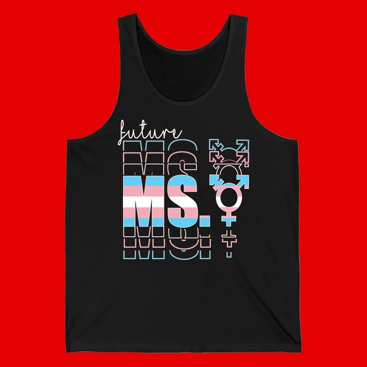 Future self gender identity pride design featuring male, female, non-binary, transgender, and intersex symbols with blue, pink, and white striped elements