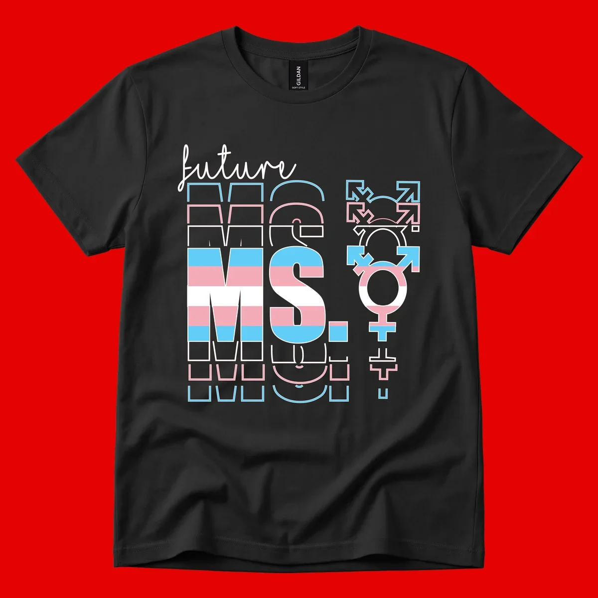 Future self gender identity pride design featuring male, female, non-binary, transgender, and intersex symbols with blue, pink, and white striped elements