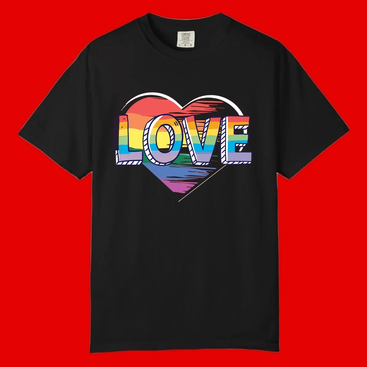 Colorful 3D block lettering spelling LOVE in rainbow pride colors inside a heart shape with wings