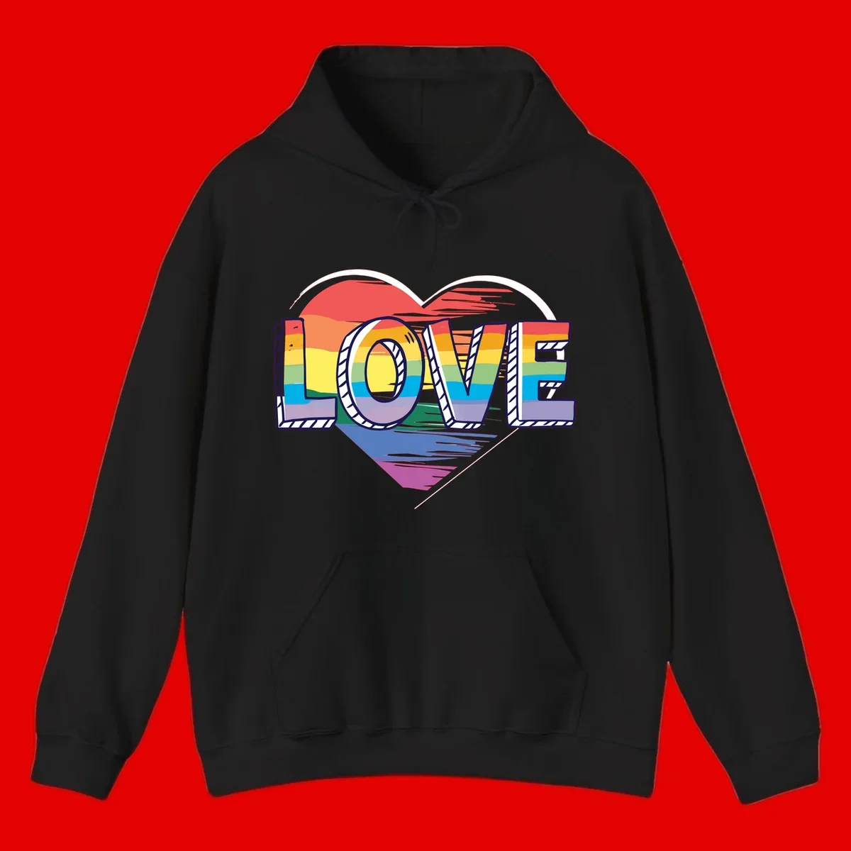 Colorful 3D block lettering spelling LOVE in rainbow pride colors inside a heart shape with wings