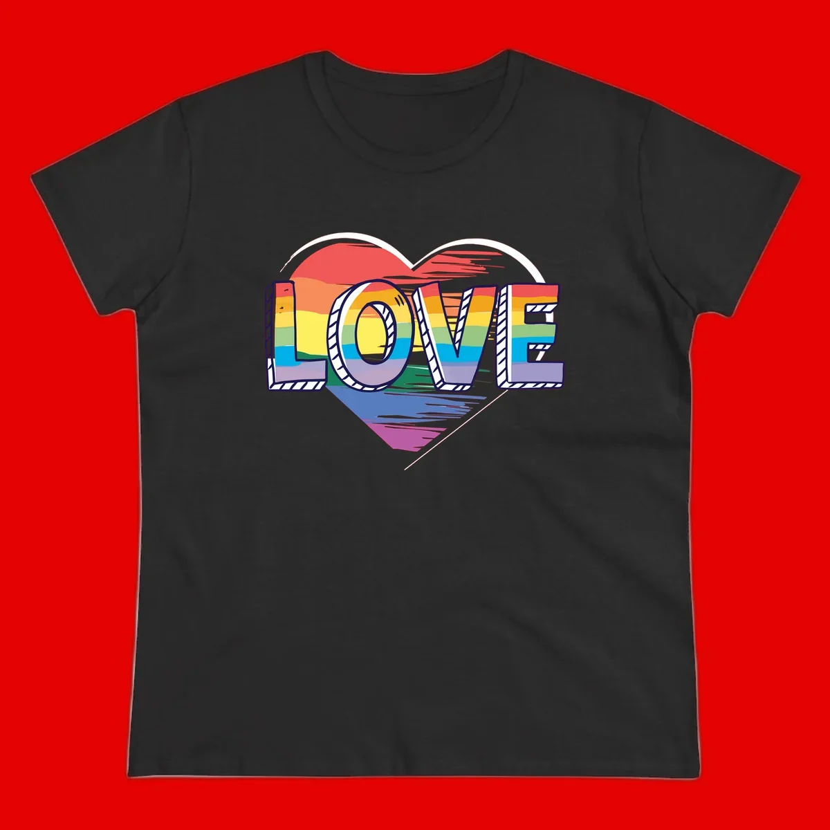 Colorful 3D block lettering spelling LOVE in rainbow pride colors inside a heart shape with wings