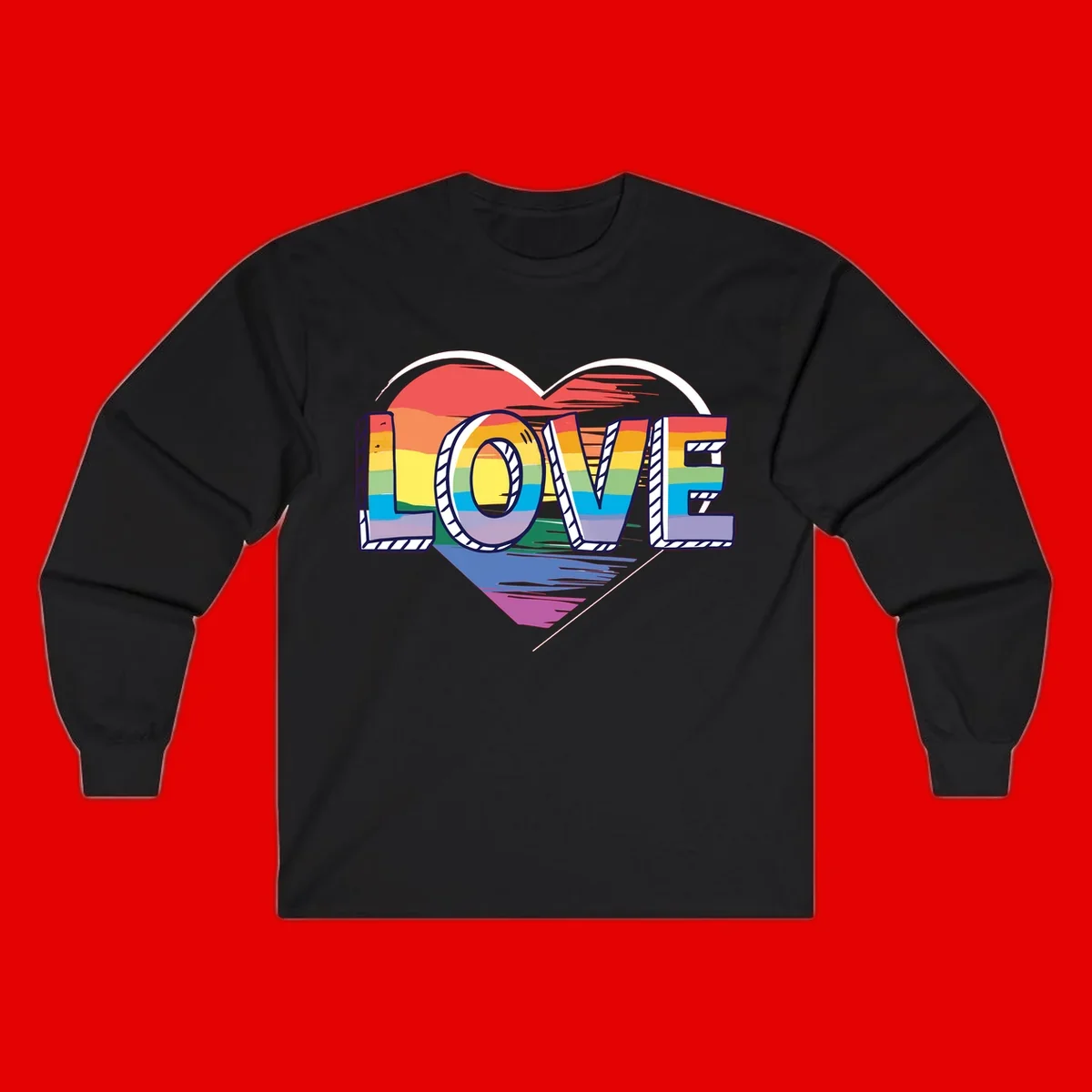 Colorful 3D block lettering spelling LOVE in rainbow pride colors inside a heart shape with wings