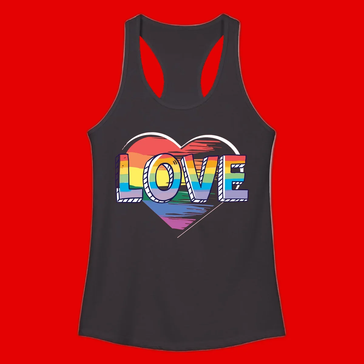 Colorful 3D block lettering spelling LOVE in rainbow pride colors inside a heart shape with wings