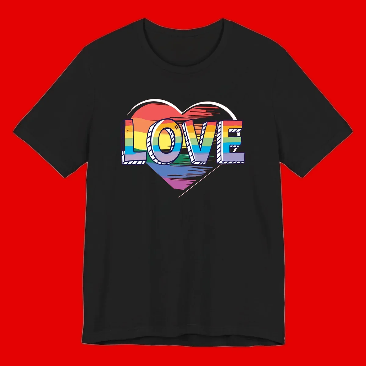 Colorful 3D block lettering spelling LOVE in rainbow pride colors inside a heart shape with wings