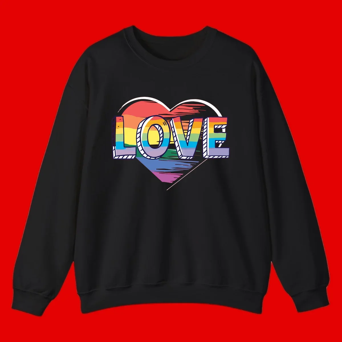 Colorful 3D block lettering spelling LOVE in rainbow pride colors inside a heart shape with wings