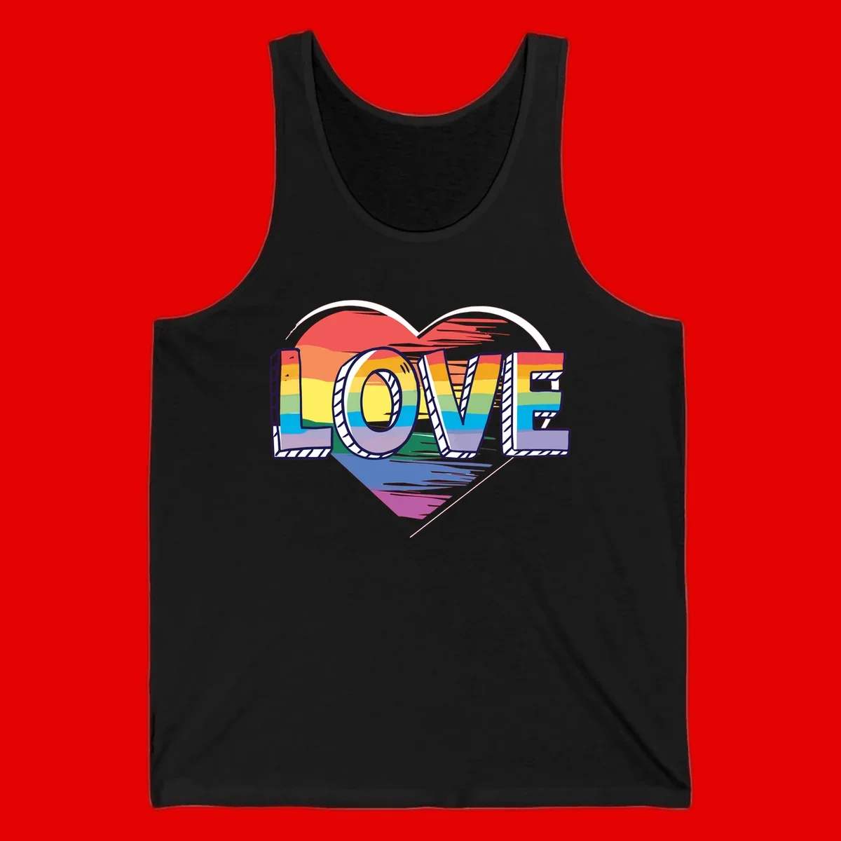 Colorful 3D block lettering spelling LOVE in rainbow pride colors inside a heart shape with wings