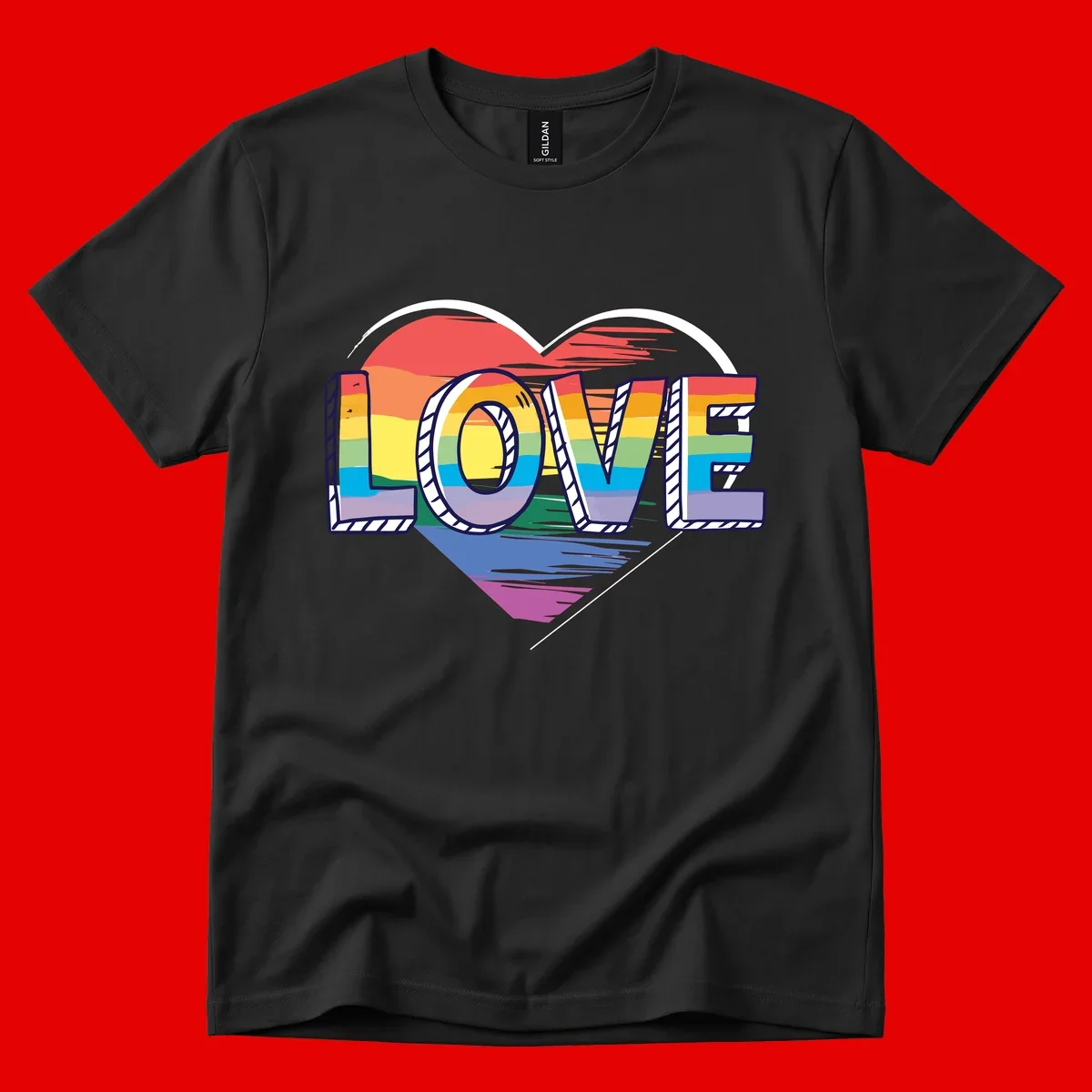 Colorful 3D block lettering spelling LOVE in rainbow pride colors inside a heart shape with wings