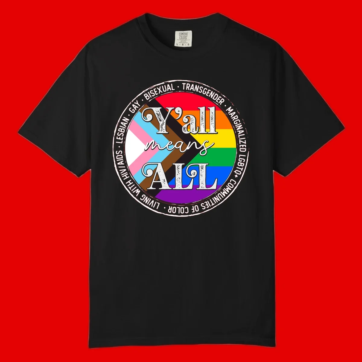 Y'all means LGBTQ+ pride badge with progress flag and community identity text in circular design