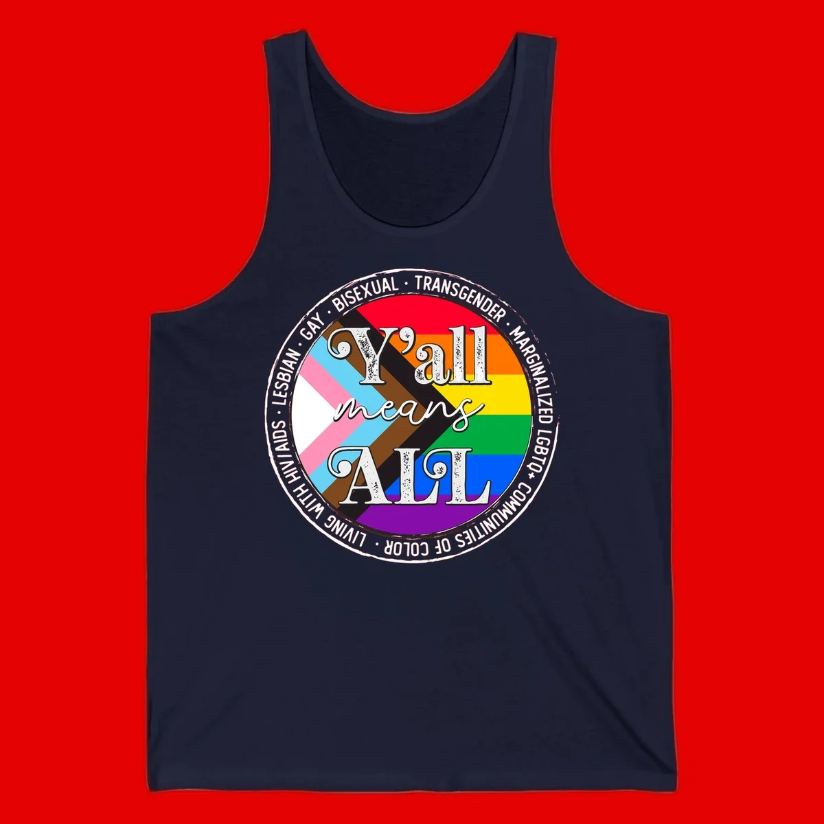 Y'all means LGBTQ+ pride badge with progress flag and community identity text in circular design