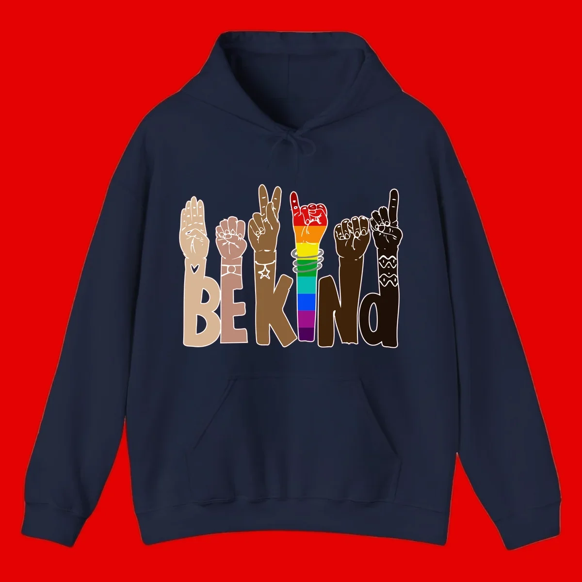 Six illustrated hands in diverse skin tones displaying peace signs and fists, with center fist in rainbow pride colors and 'BE KIND' text below