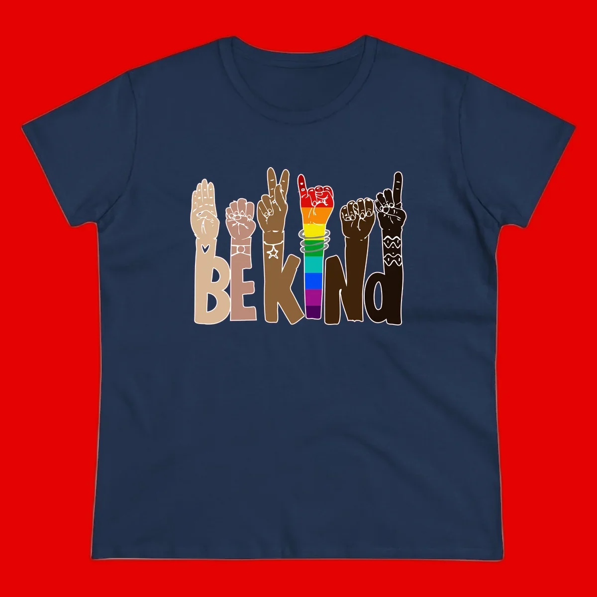 Six illustrated hands in diverse skin tones displaying peace signs and fists, with center fist in rainbow pride colors and 'BE KIND' text below