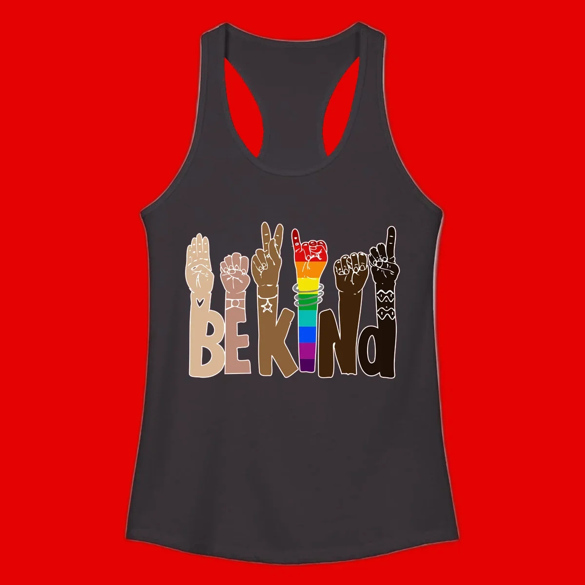Six illustrated hands in diverse skin tones displaying peace signs and fists, with center fist in rainbow pride colors and 'BE KIND' text below
