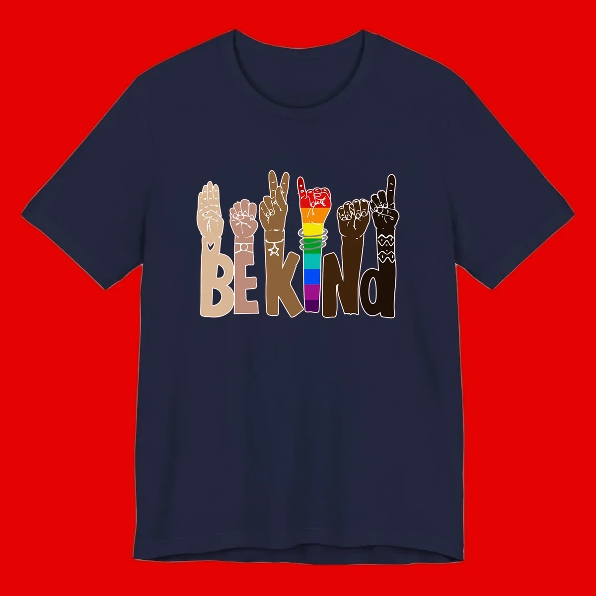 Six illustrated hands in diverse skin tones displaying peace signs and fists, with center fist in rainbow pride colors and 'BE KIND' text below