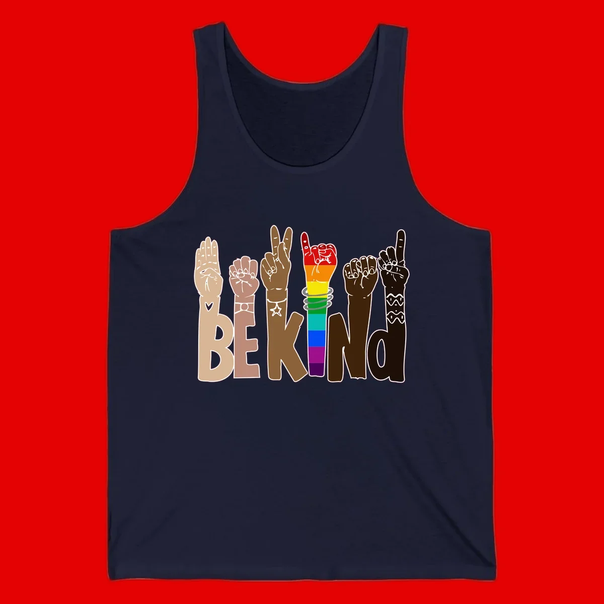 Six illustrated hands in diverse skin tones displaying peace signs and fists, with center fist in rainbow pride colors and 'BE KIND' text below