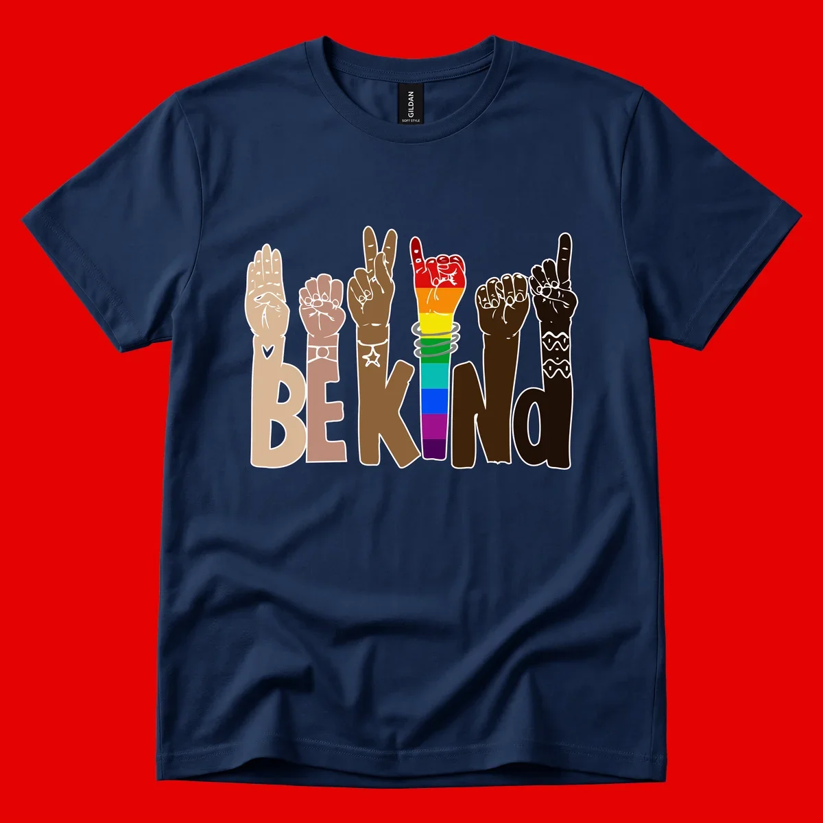 Six illustrated hands in diverse skin tones displaying peace signs and fists, with center fist in rainbow pride colors and 'BE KIND' text below