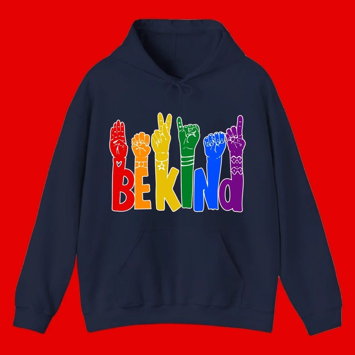 Six colorful raised fists in rainbow colors with 'BE KIND' text, promoting pride, equality, and inclusive messaging