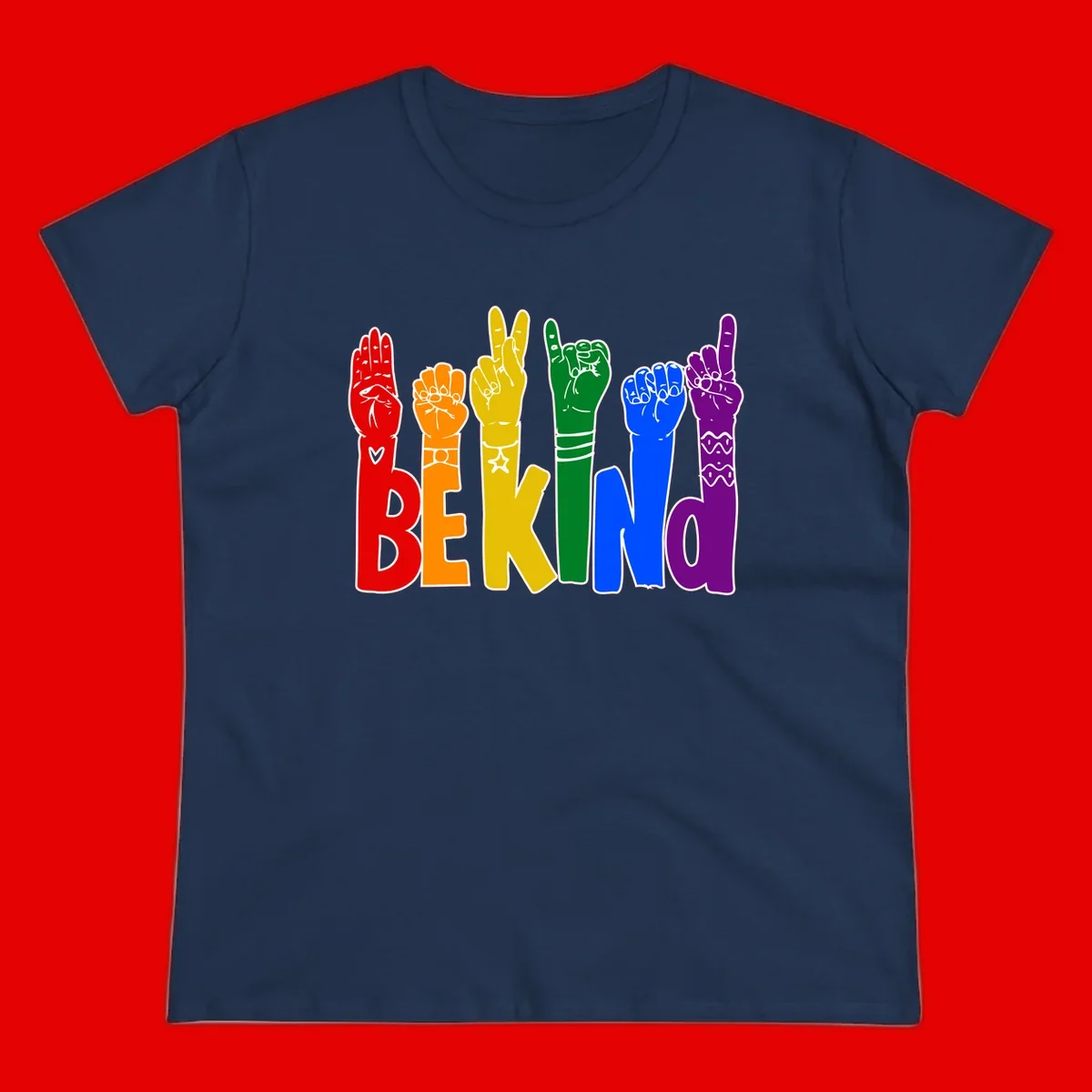 Six colorful raised fists in rainbow colors with 'BE KIND' text, promoting pride, equality, and inclusive messaging