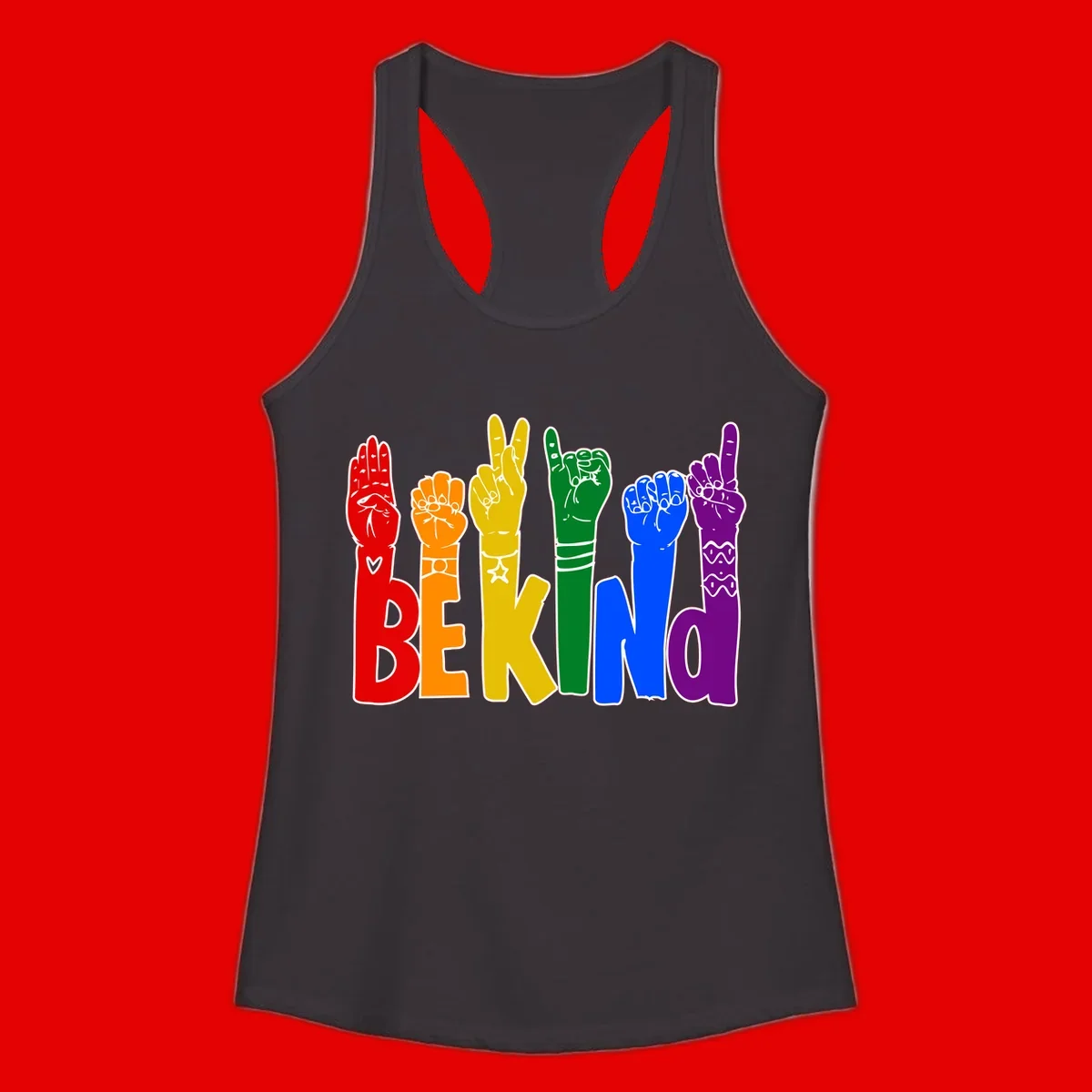 Six colorful raised fists in rainbow colors with 'BE KIND' text, promoting pride, equality, and inclusive messaging