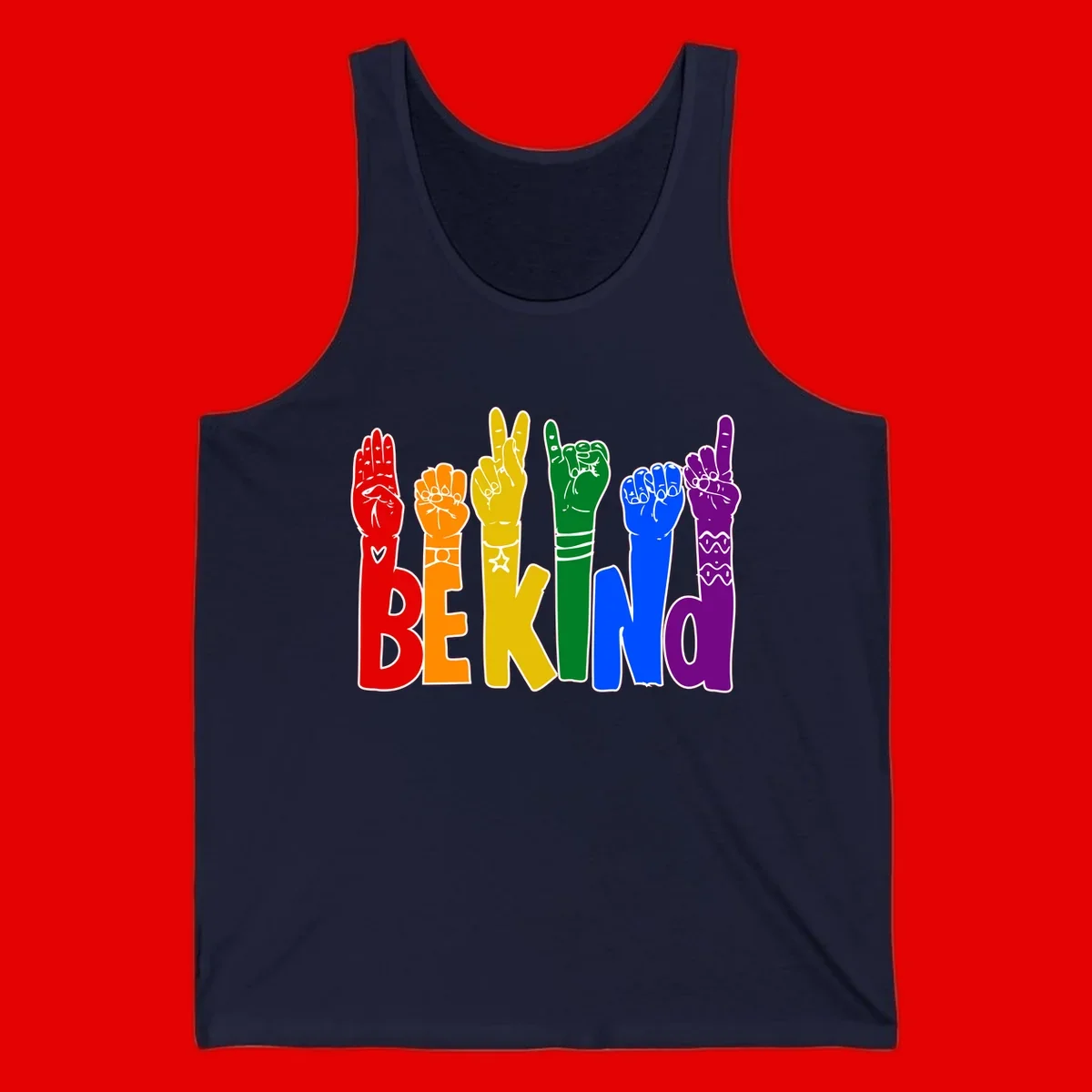 Six colorful raised fists in rainbow colors with 'BE KIND' text, promoting pride, equality, and inclusive messaging