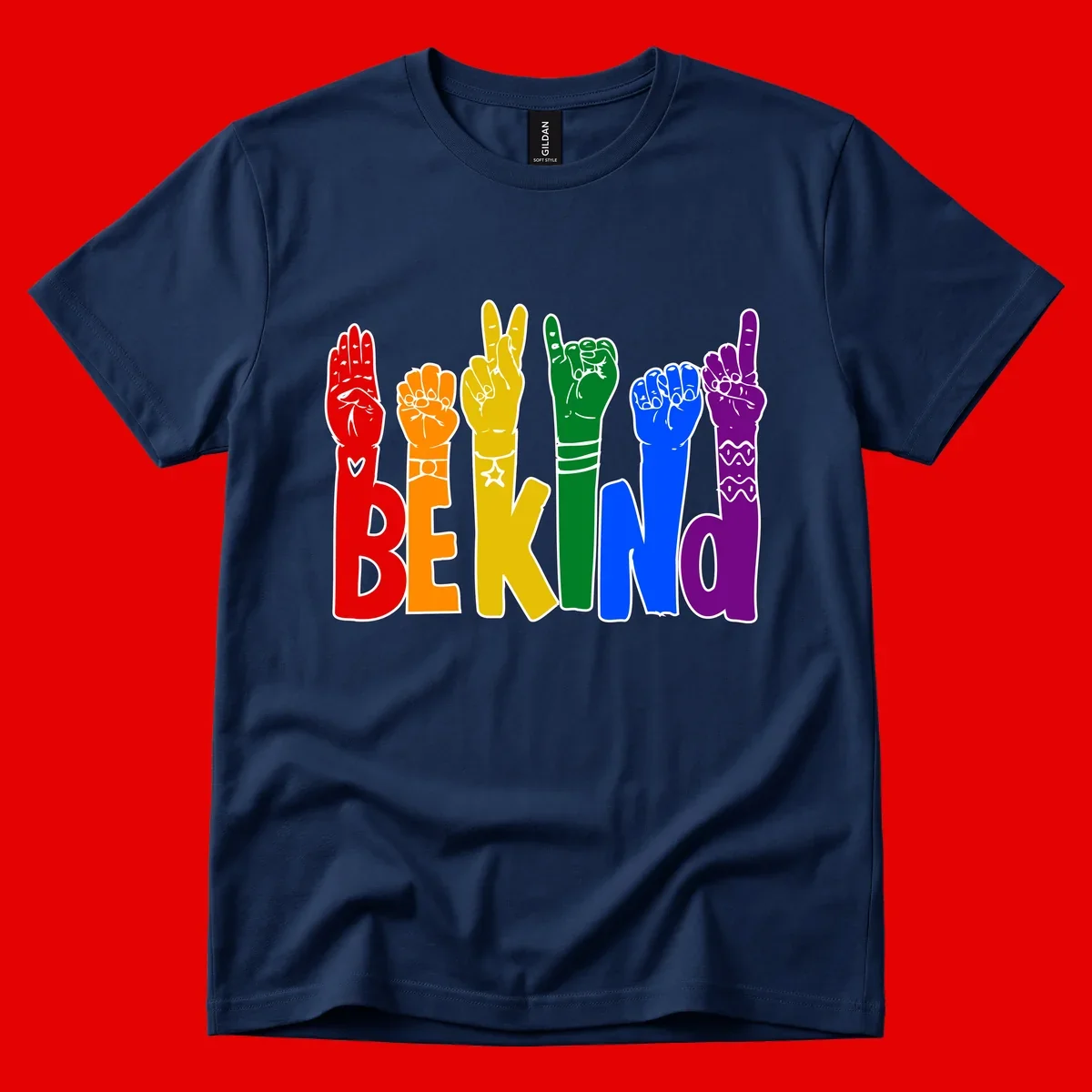 Six colorful raised fists in rainbow colors with 'BE KIND' text, promoting pride, equality, and inclusive messaging