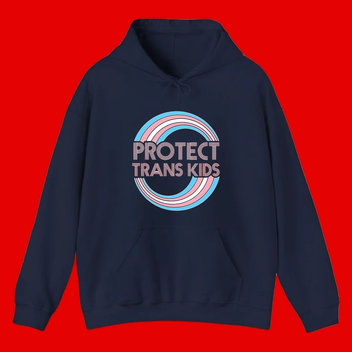 Protect trans kids pride design with blue, pink, and white rainbow circles and striped lettering
