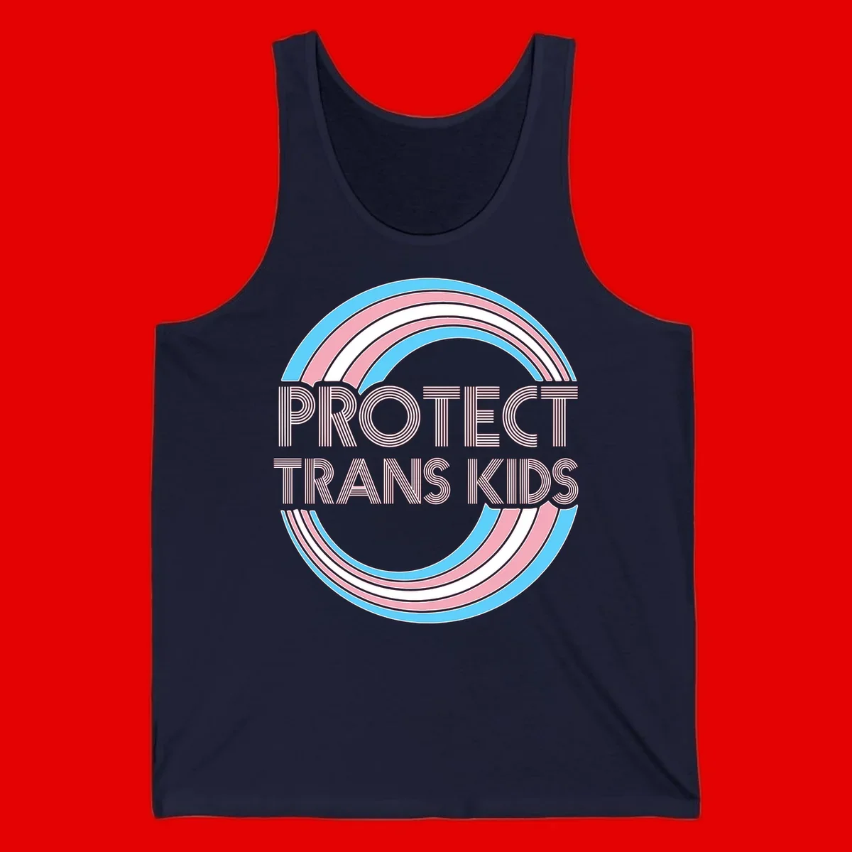 Protect trans kids pride design with blue, pink, and white rainbow circles and striped lettering