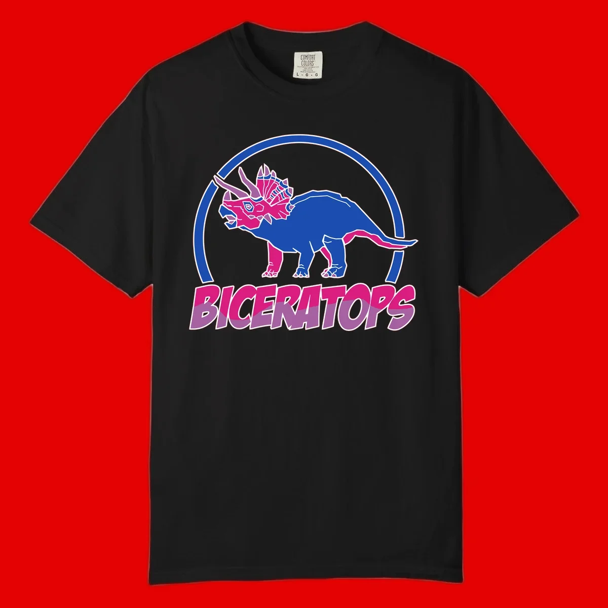 Blue and hot pink geometric triceratops dinosaur mascot inside circular badge with 'Biceritors' text below