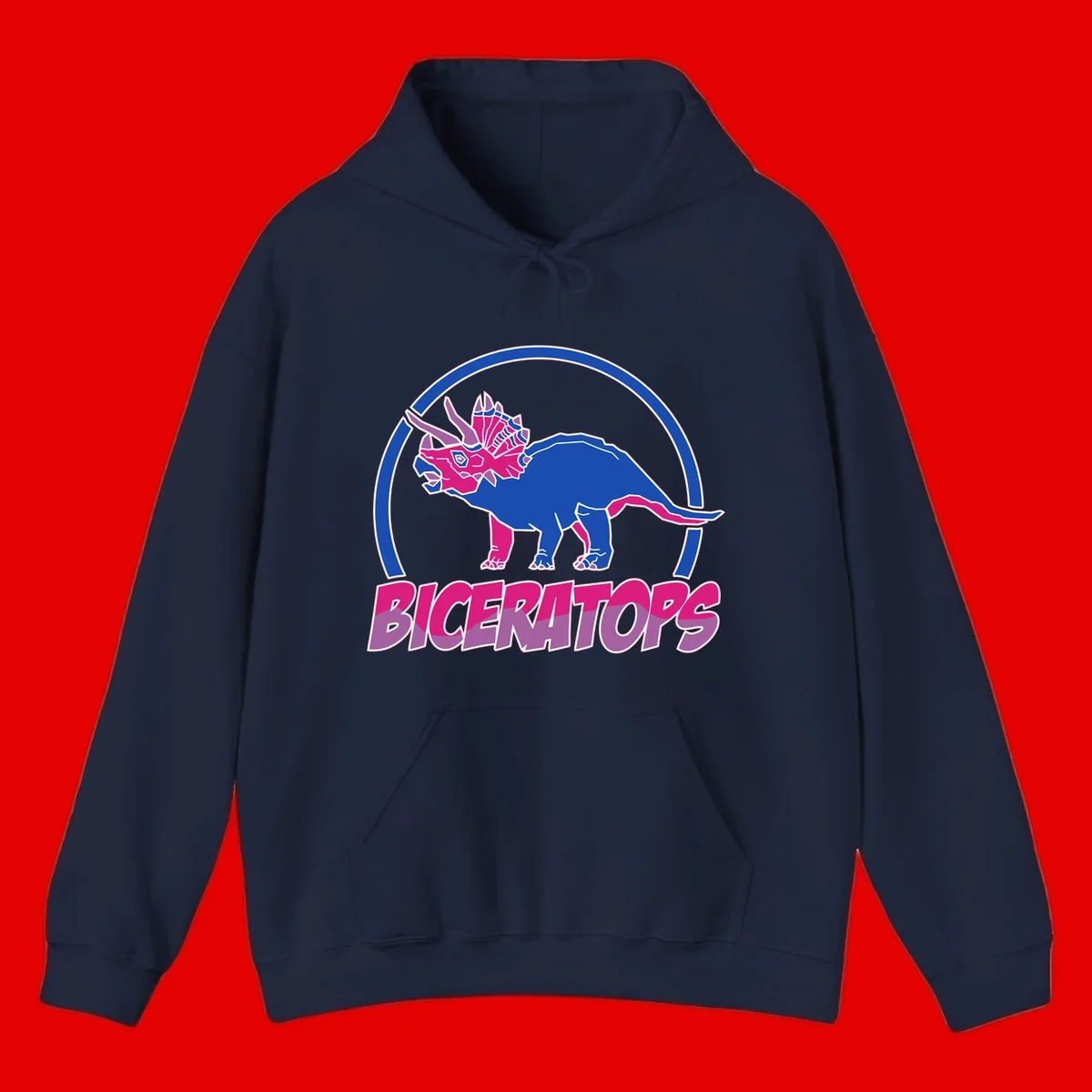 Blue and hot pink geometric triceratops dinosaur mascot inside circular badge with 'Biceritors' text below