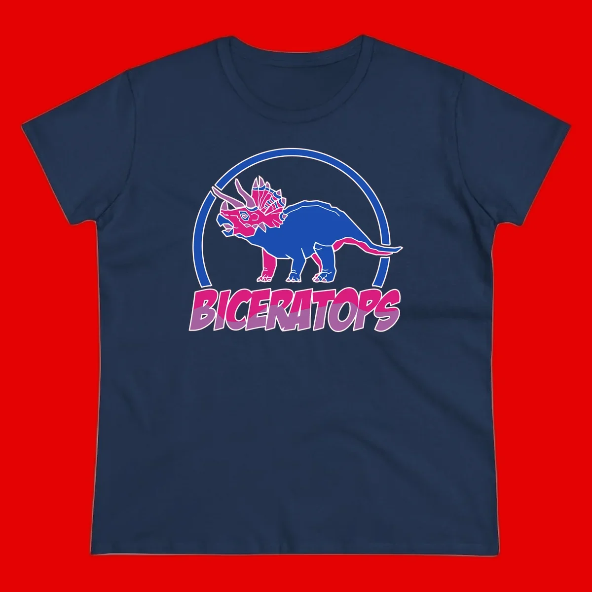Blue and hot pink geometric triceratops dinosaur mascot inside circular badge with 'Biceritors' text below