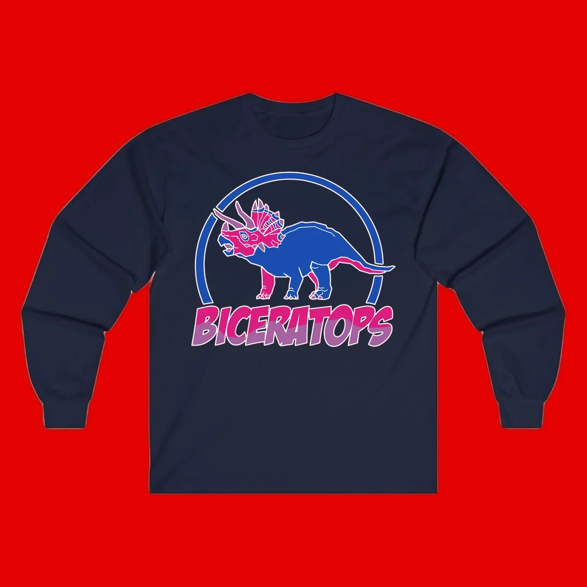 Blue and hot pink geometric triceratops dinosaur mascot inside circular badge with 'Biceritors' text below