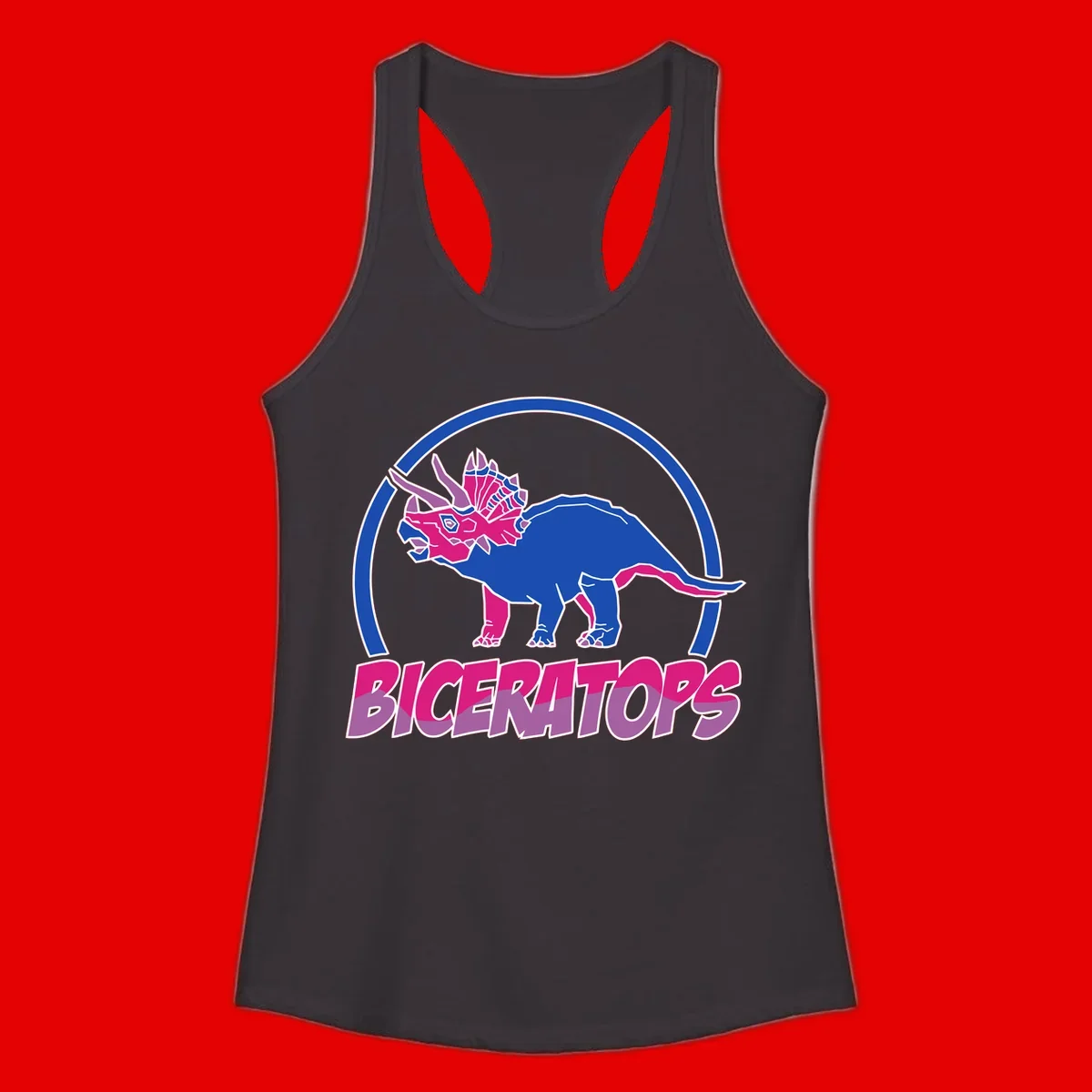 Blue and hot pink geometric triceratops dinosaur mascot inside circular badge with 'Biceritors' text below