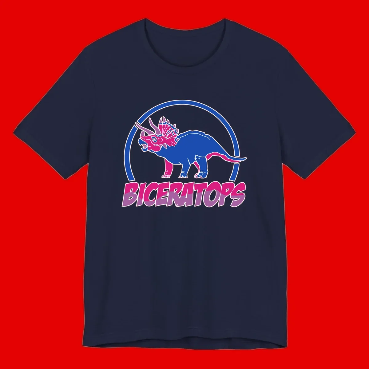 Blue and hot pink geometric triceratops dinosaur mascot inside circular badge with 'Biceritors' text below
