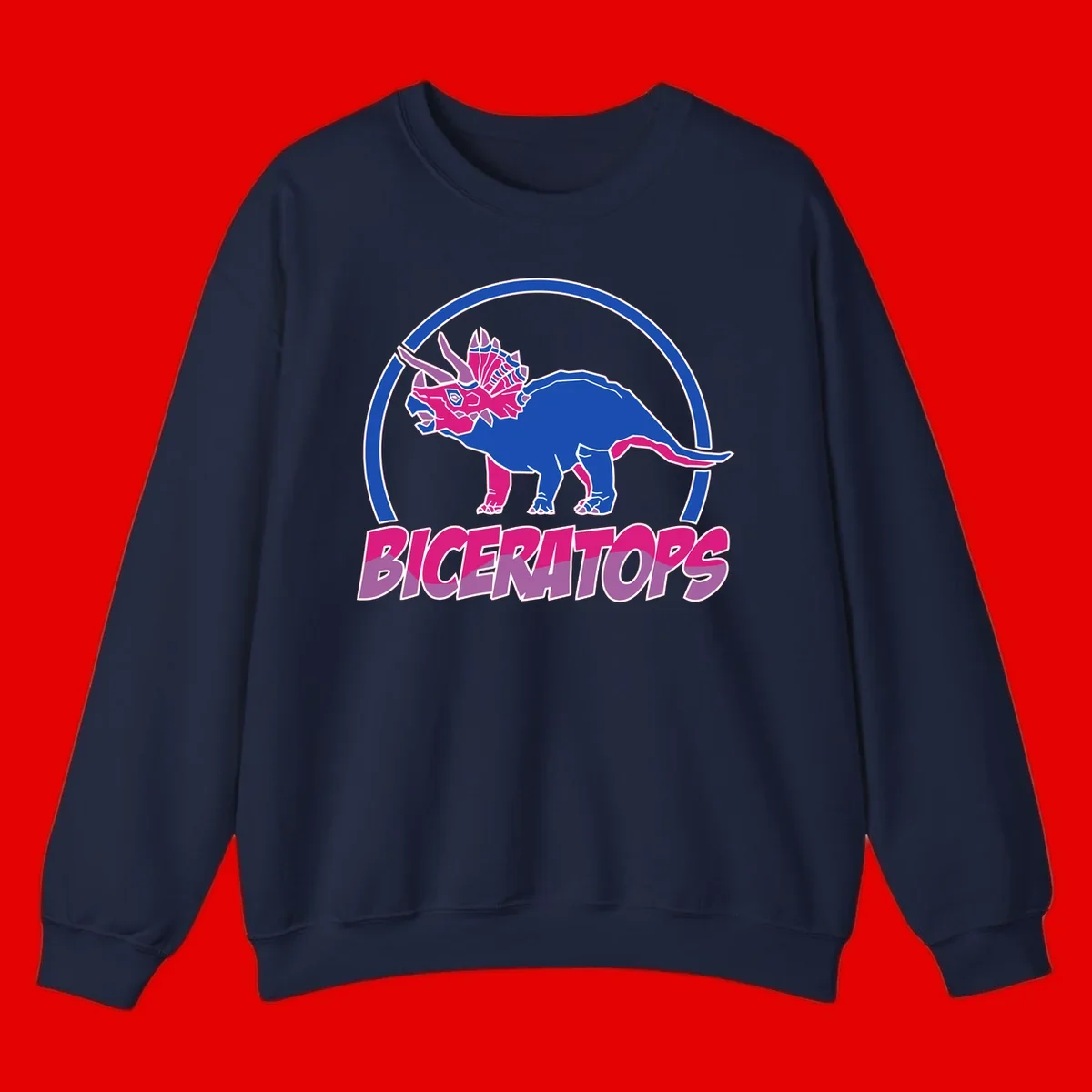 Blue and hot pink geometric triceratops dinosaur mascot inside circular badge with 'Biceritors' text below