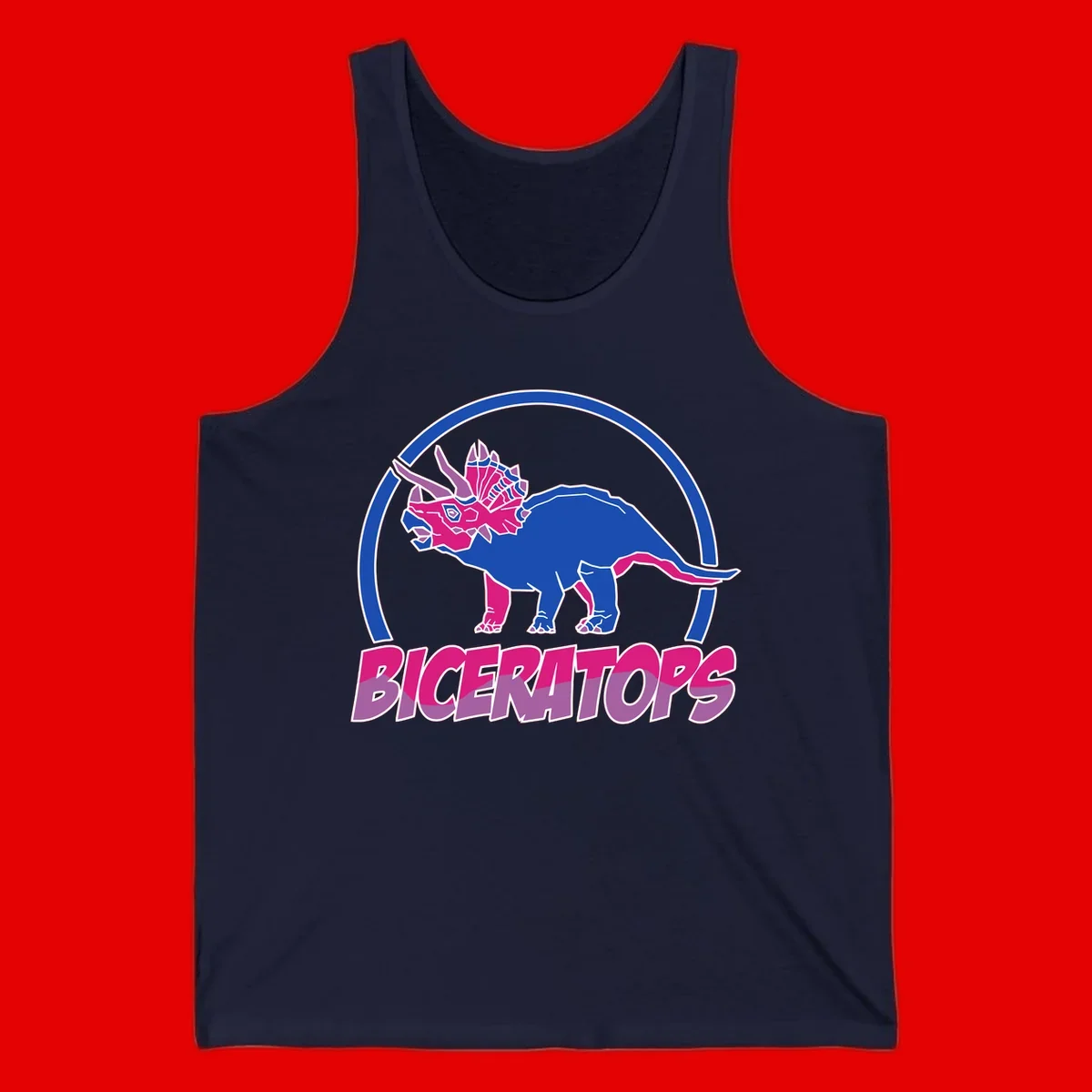 Blue and hot pink geometric triceratops dinosaur mascot inside circular badge with 'Biceritors' text below