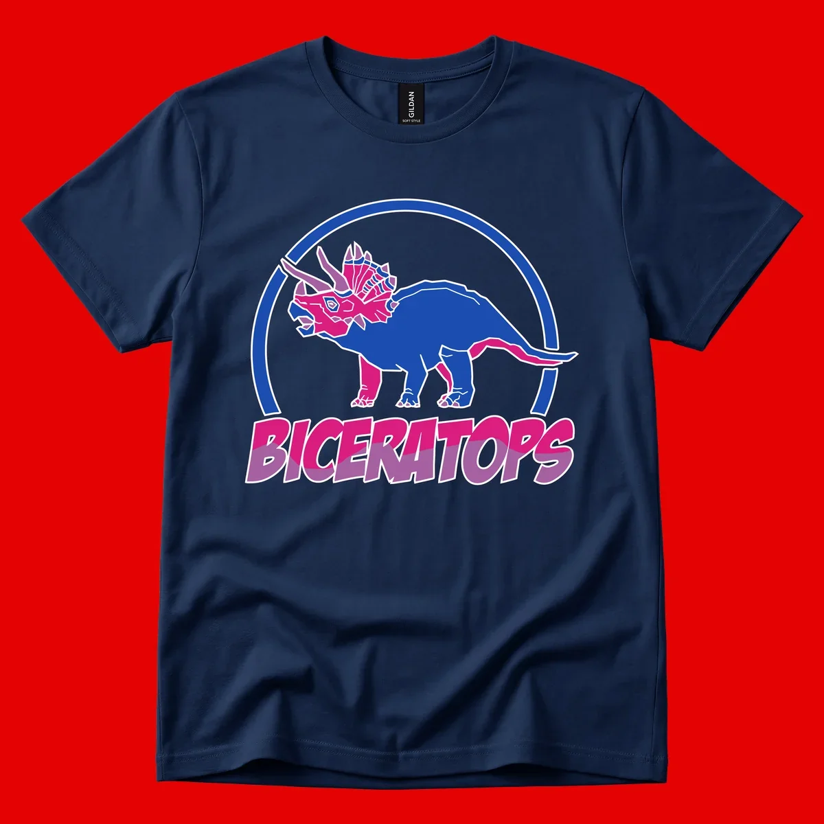 Blue and hot pink geometric triceratops dinosaur mascot inside circular badge with 'Biceritors' text below