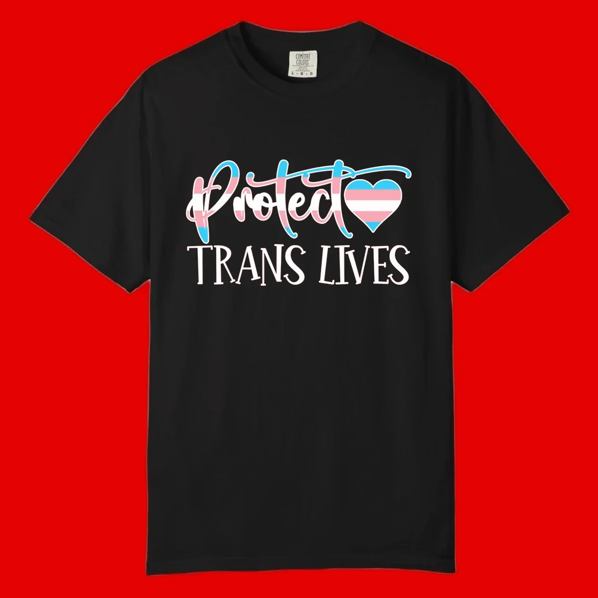 Stylized text 'I heart TRANS LIVES' with decorative letters and a trans flag-striped heart symbol in pink, white, and blue colors