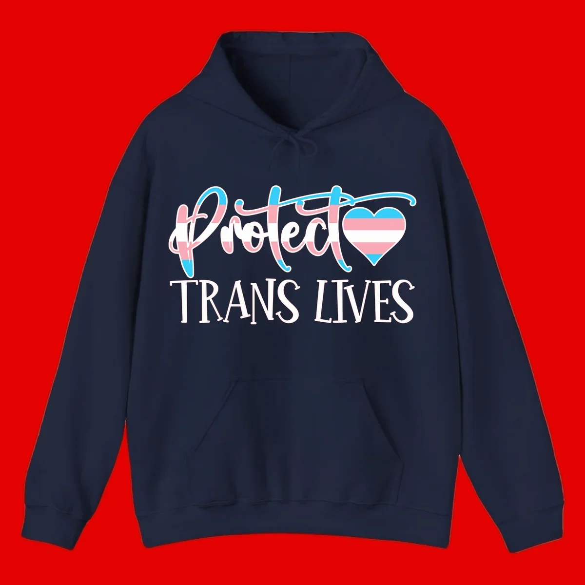 Stylized text 'I heart TRANS LIVES' with decorative letters and a trans flag-striped heart symbol in pink, white, and blue colors