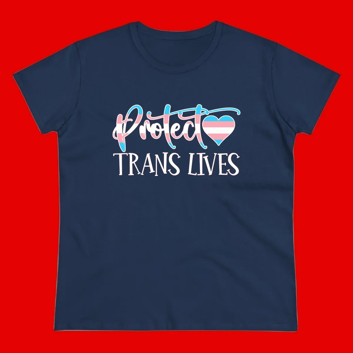 Stylized text 'I heart TRANS LIVES' with decorative letters and a trans flag-striped heart symbol in pink, white, and blue colors