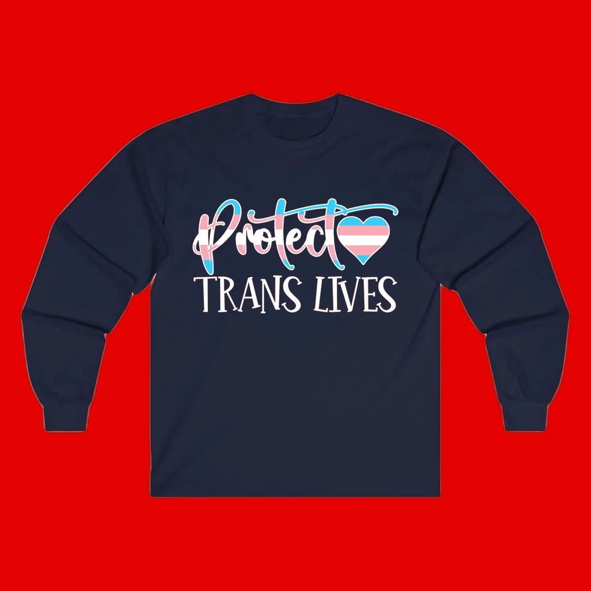 Stylized text 'I heart TRANS LIVES' with decorative letters and a trans flag-striped heart symbol in pink, white, and blue colors
