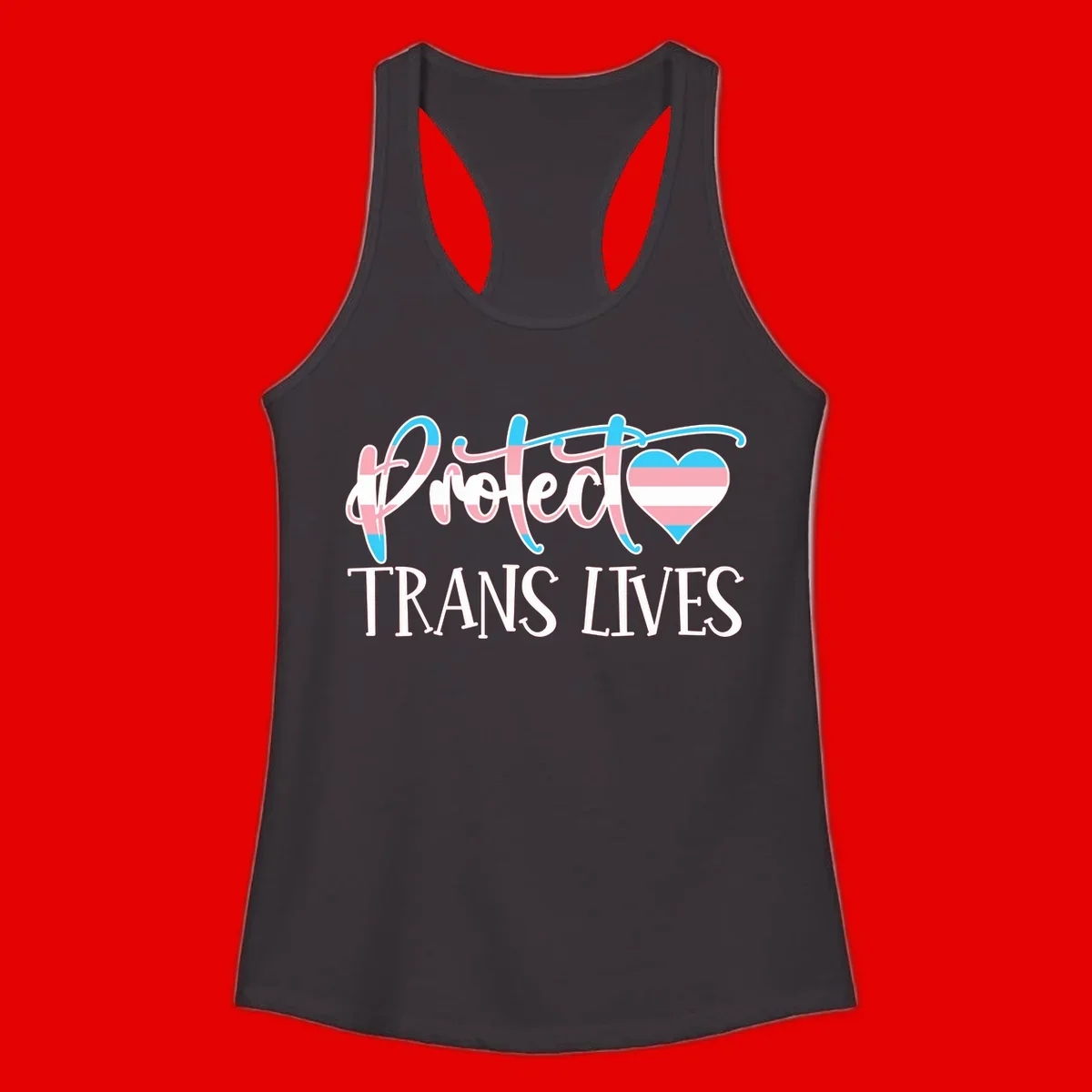 Stylized text 'I heart TRANS LIVES' with decorative letters and a trans flag-striped heart symbol in pink, white, and blue colors
