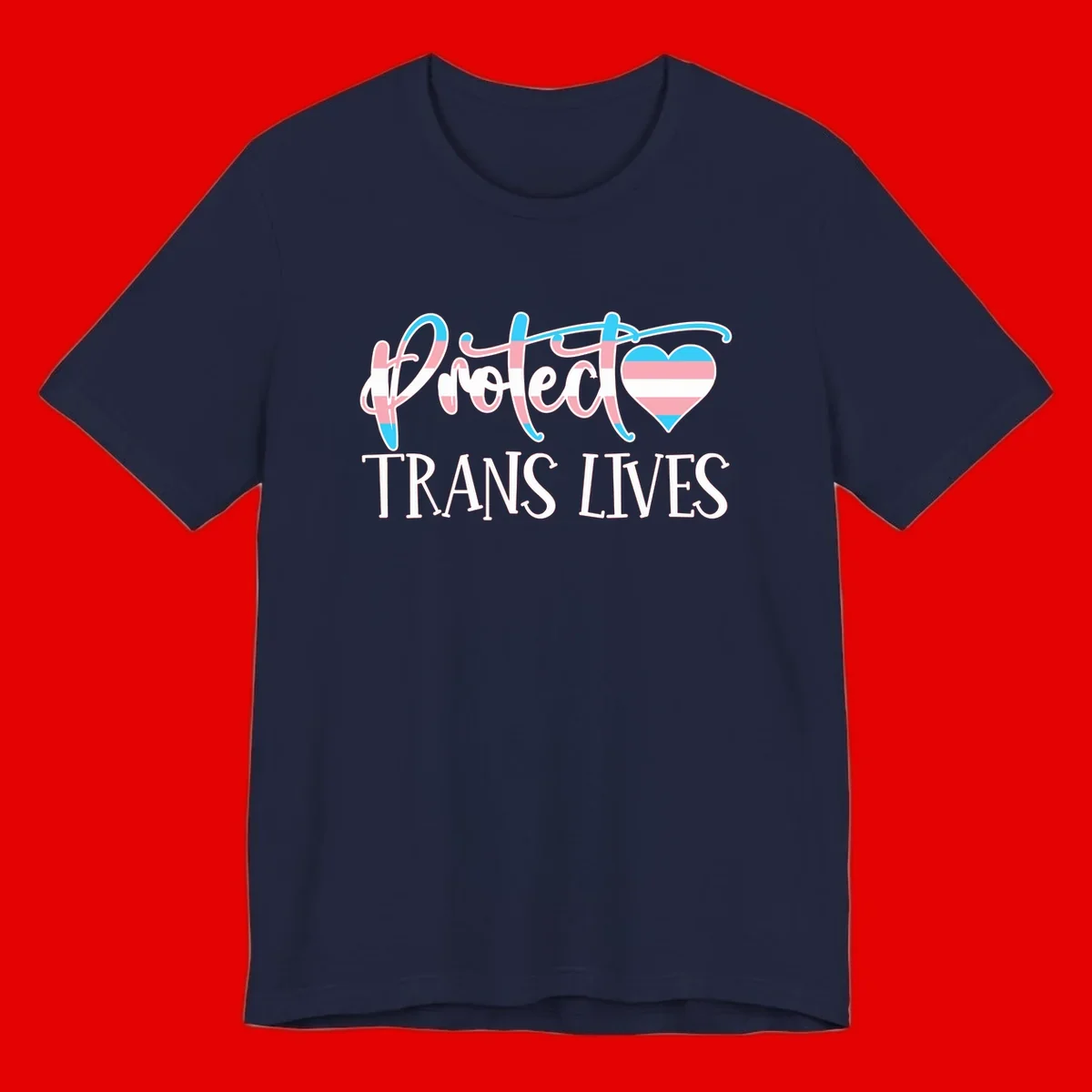 Stylized text 'I heart TRANS LIVES' with decorative letters and a trans flag-striped heart symbol in pink, white, and blue colors